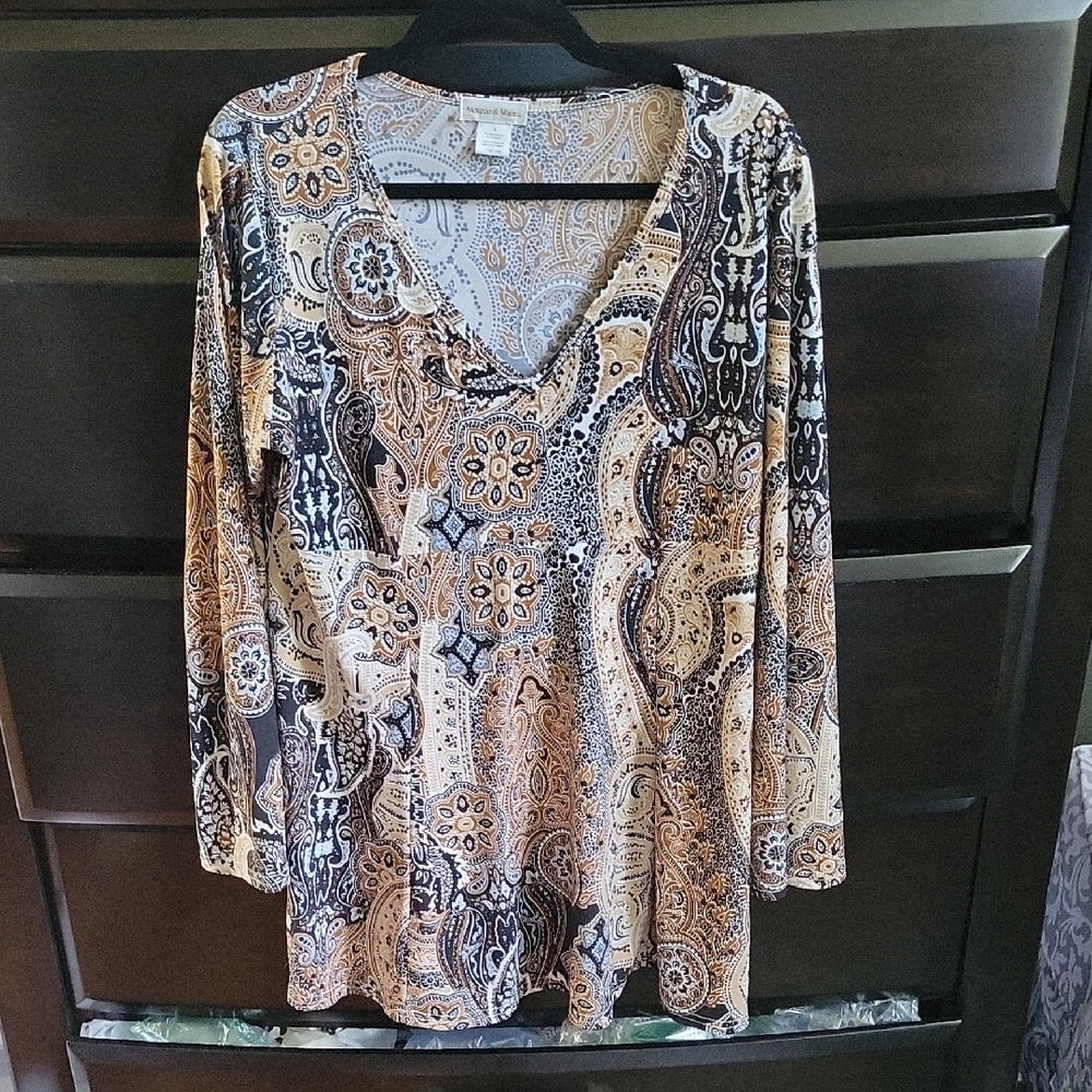 3/$12 Monroe & Main Brown,black and White Graphic Blouse-peblem.style